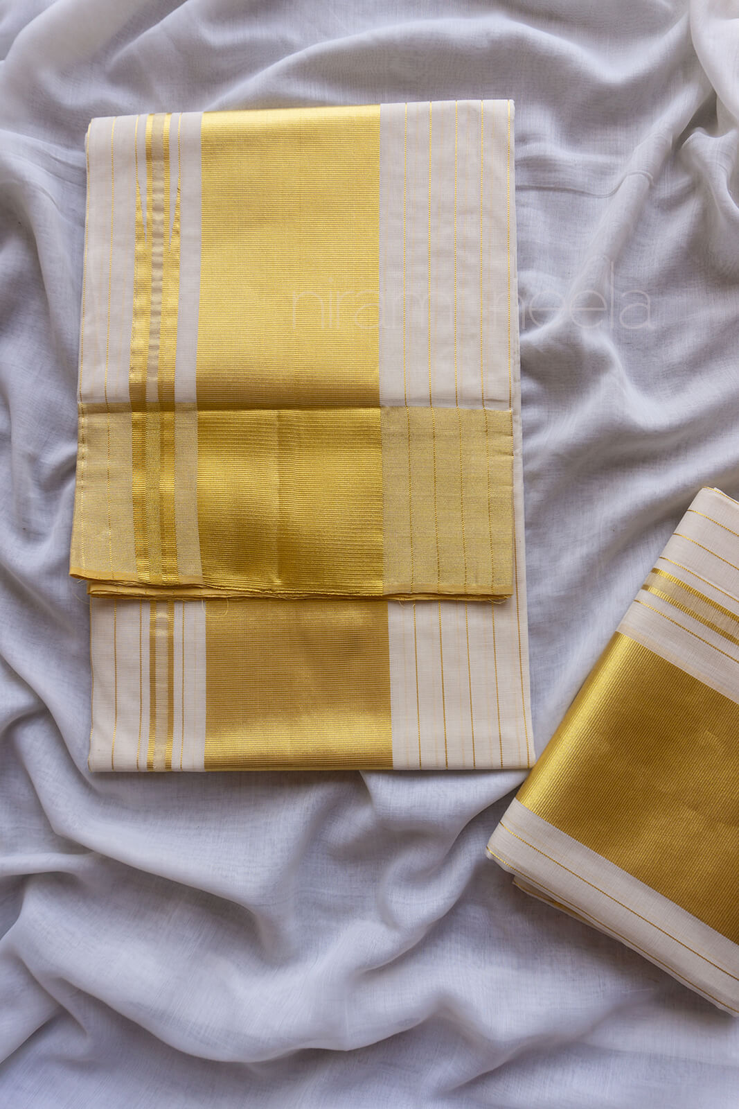 Ivory and gold striped single set mundu - Niram Neela