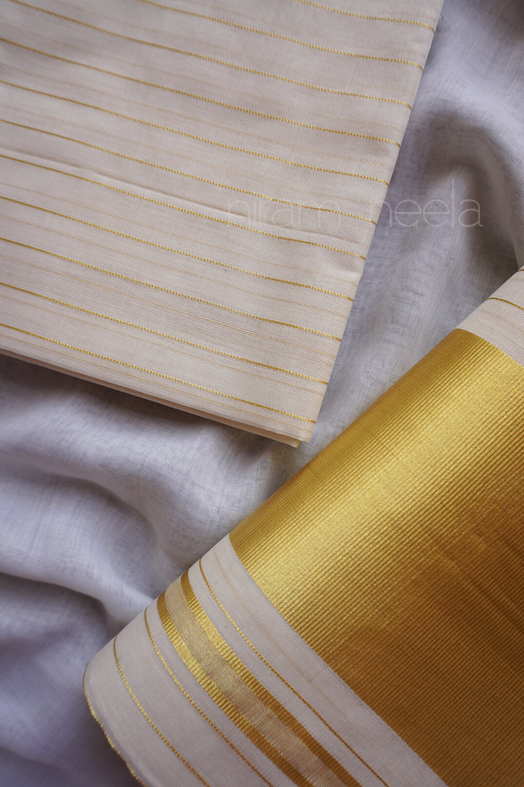 Ivory and gold striped single set mundu - Niram Neela