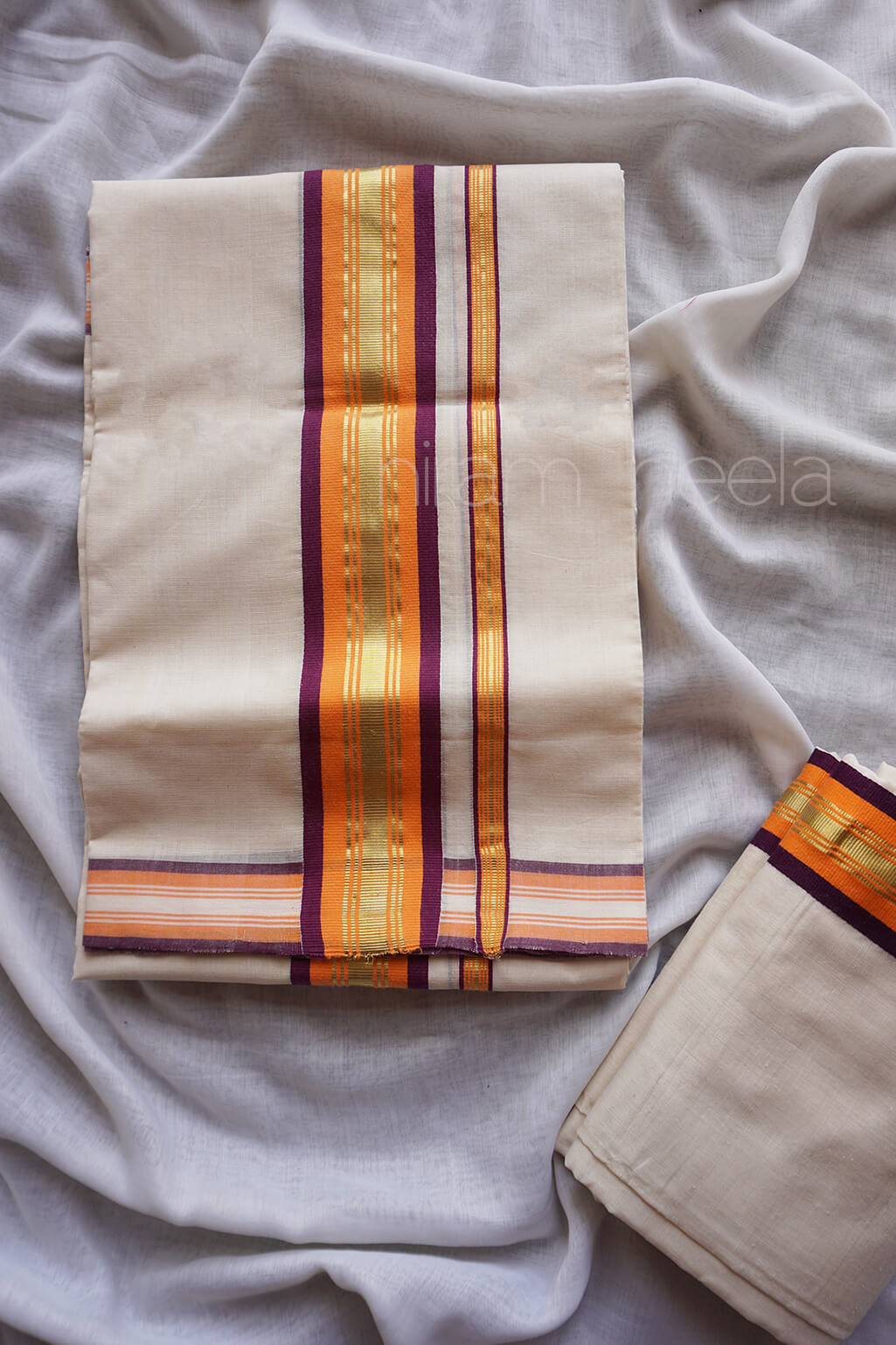 Ivory and purple with orange double set mundu - Niram Neela