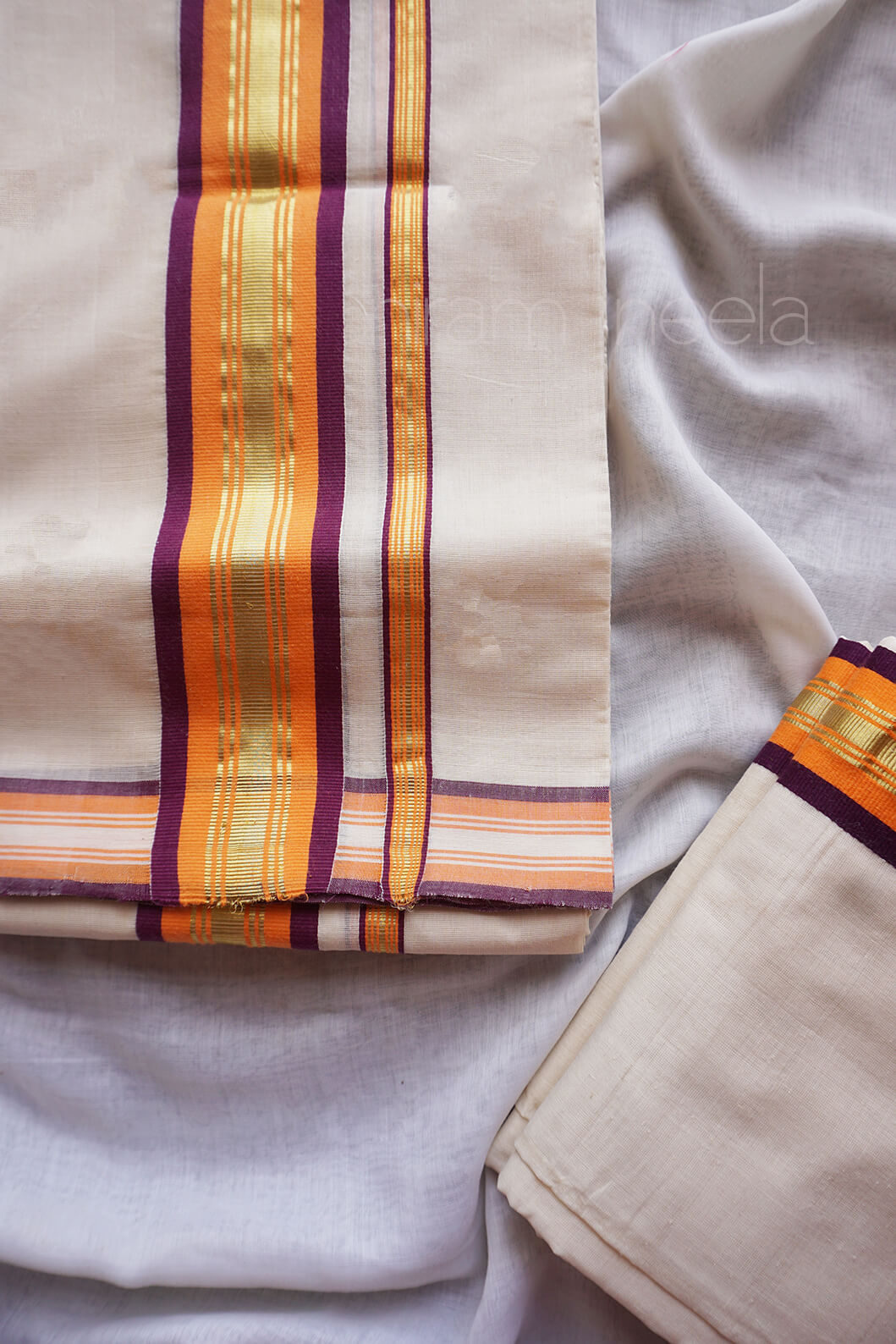 Ivory and purple with orange double set mundu - Niram Neela