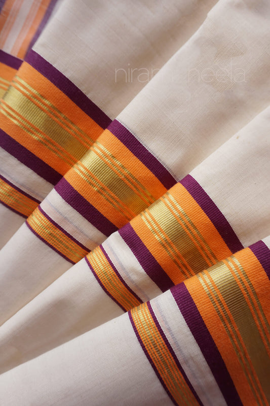 Ivory and purple with orange double set mundu - Niram Neela