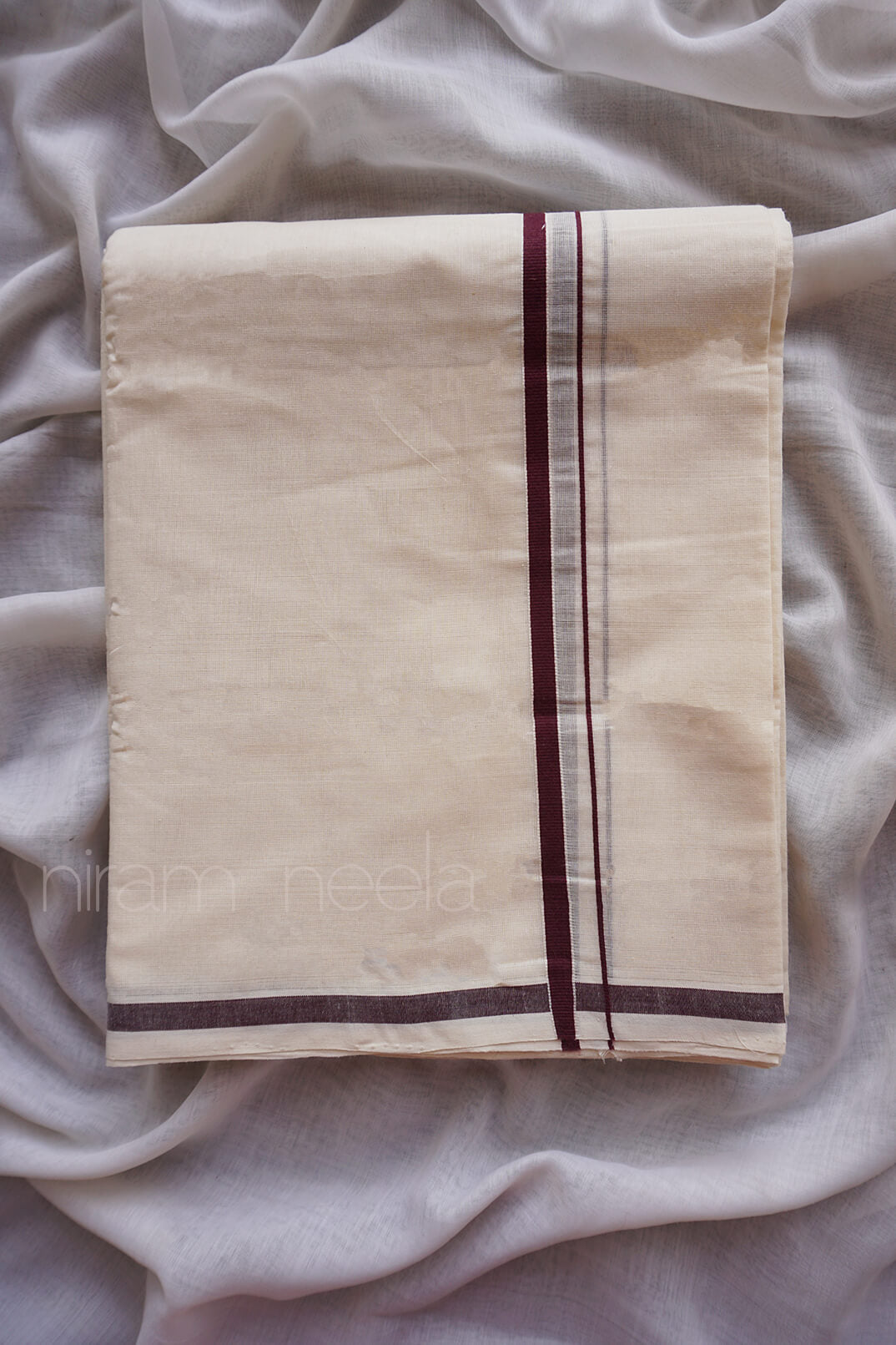 Ivory and maroon double mundu - Niram Neela