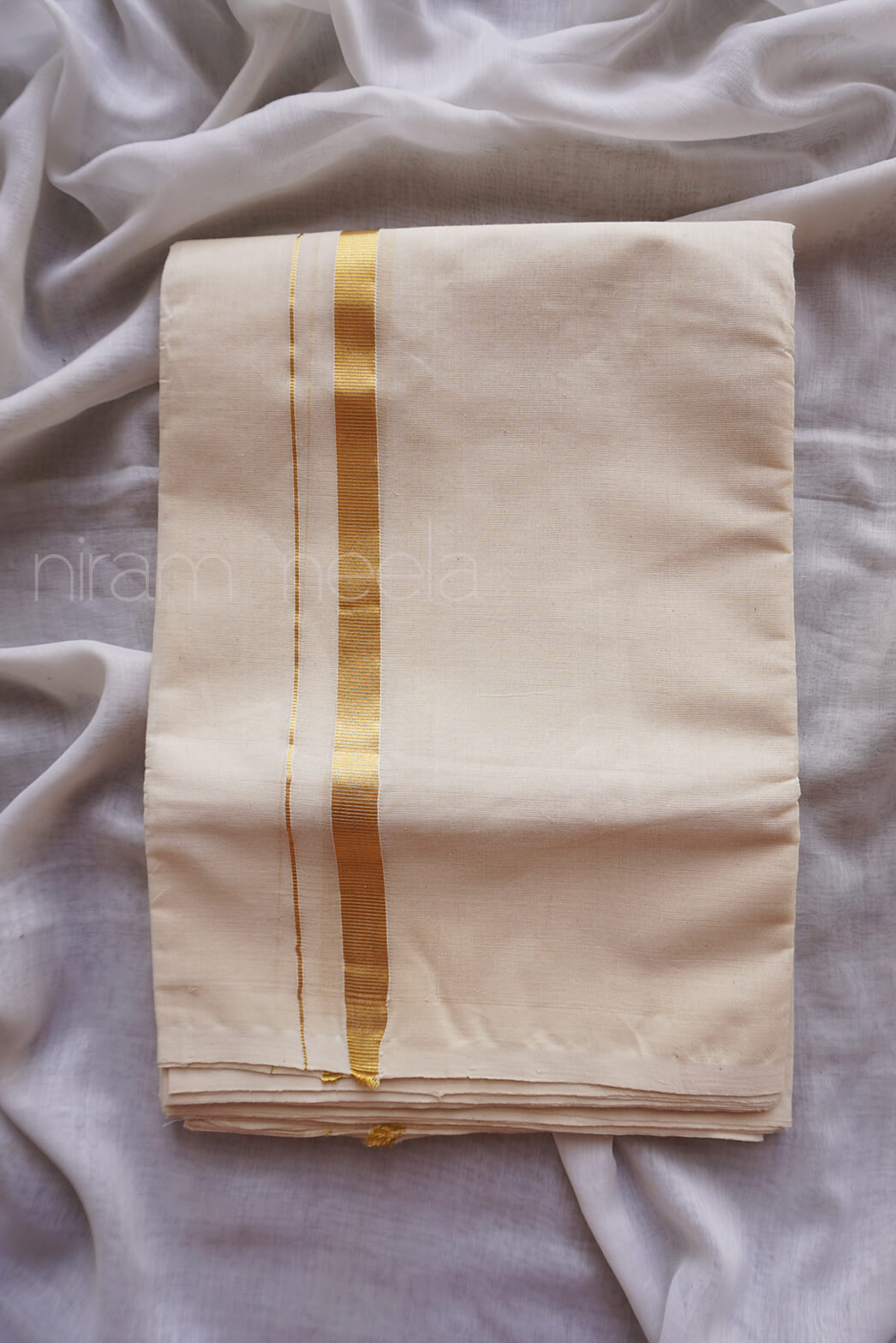 Ivory and gold double mundu - Niram Neela