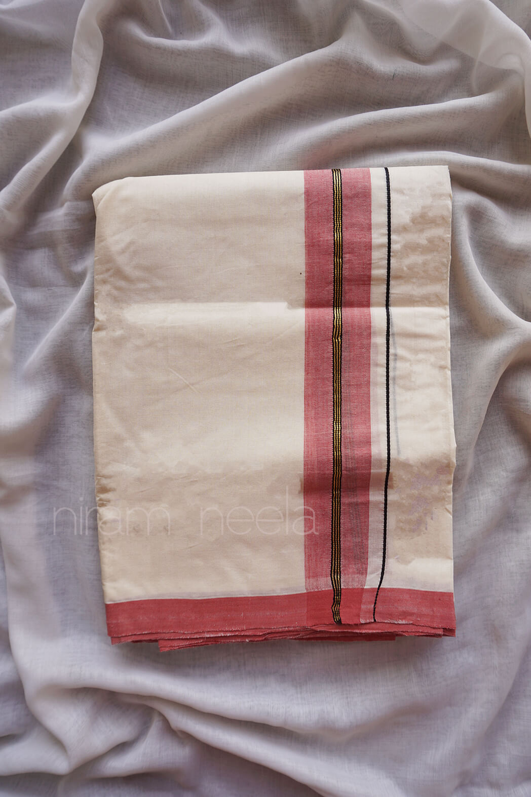 Ivory and pink double mundu - Niram Neela