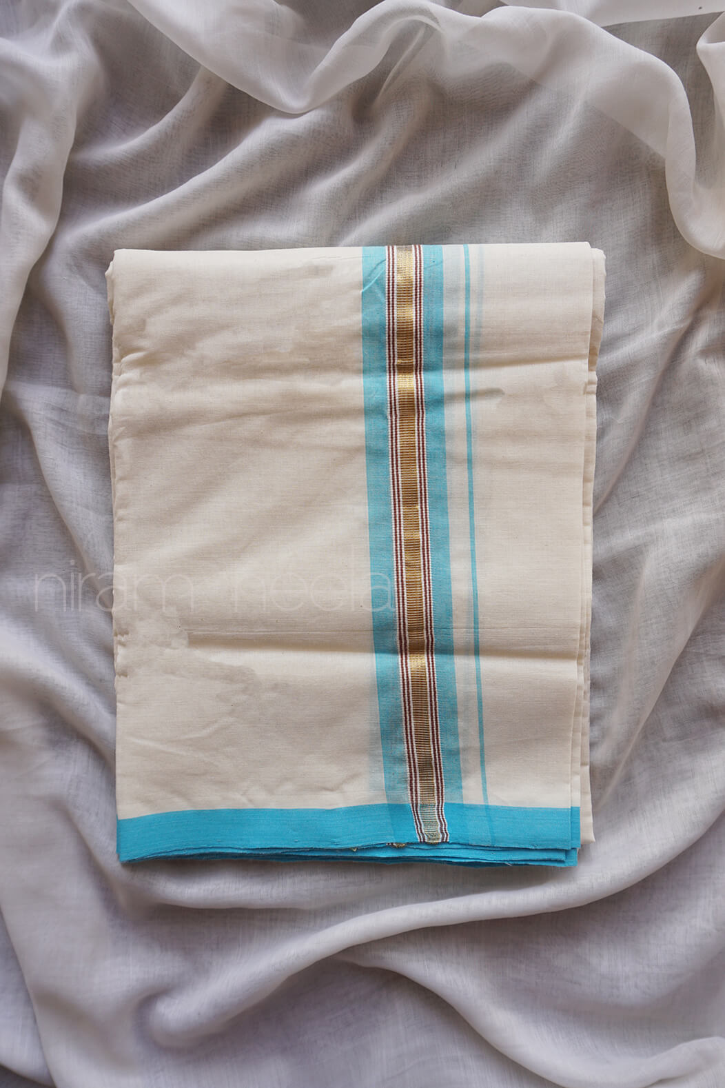 Ivory and sky blue double mundu - Niram Neela