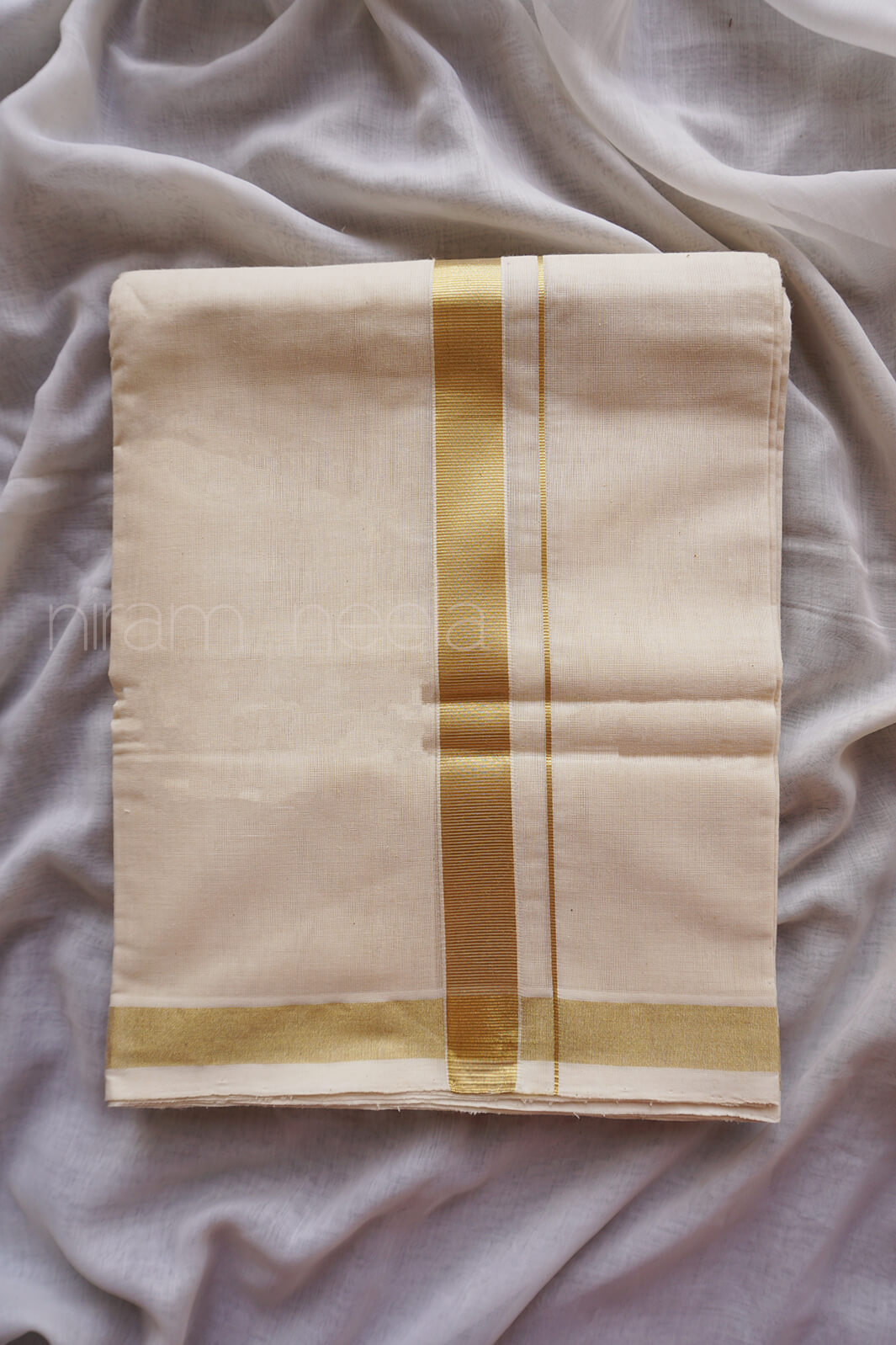 Ivory and gold double mundu - Niram Neela