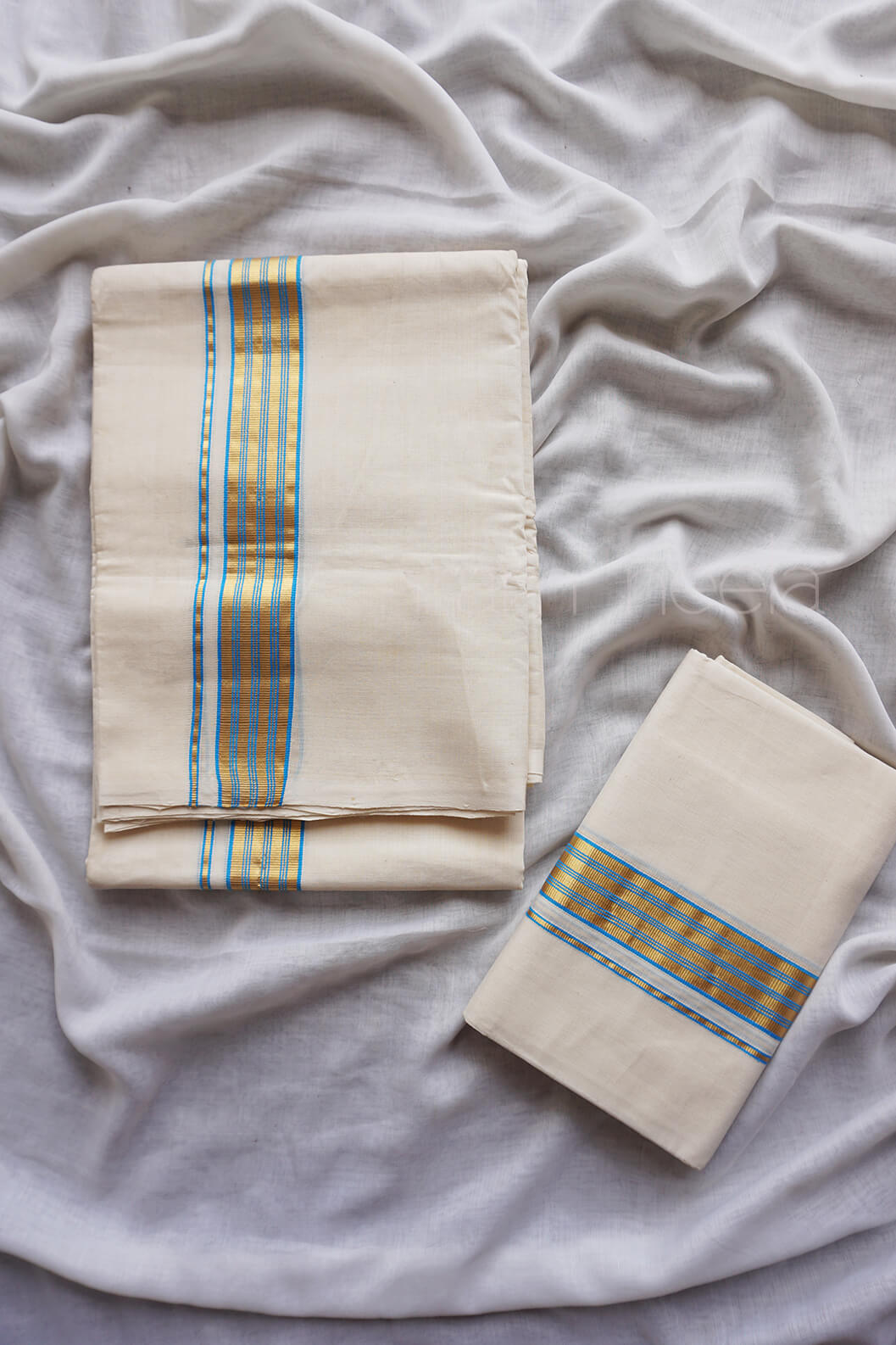 Ivory and blue double set mundu - Niram Neela