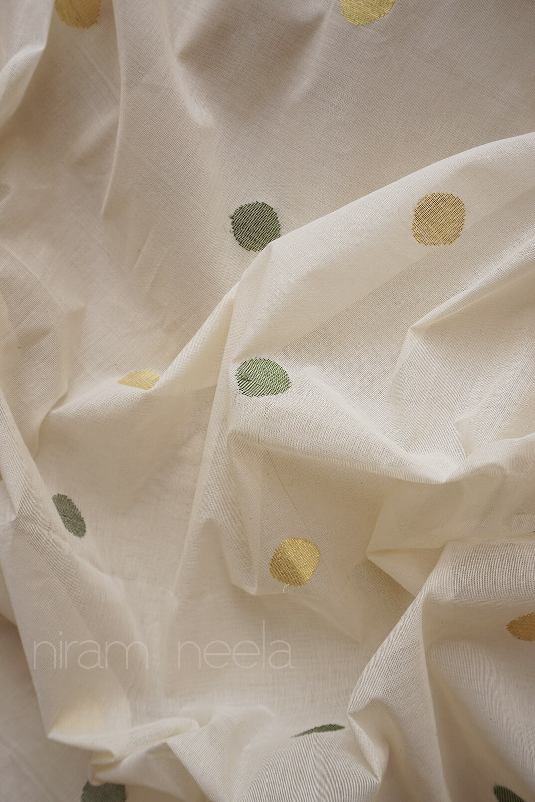 Ivory and metallic green polka dot Kasavu cotton saree - Niram Neela