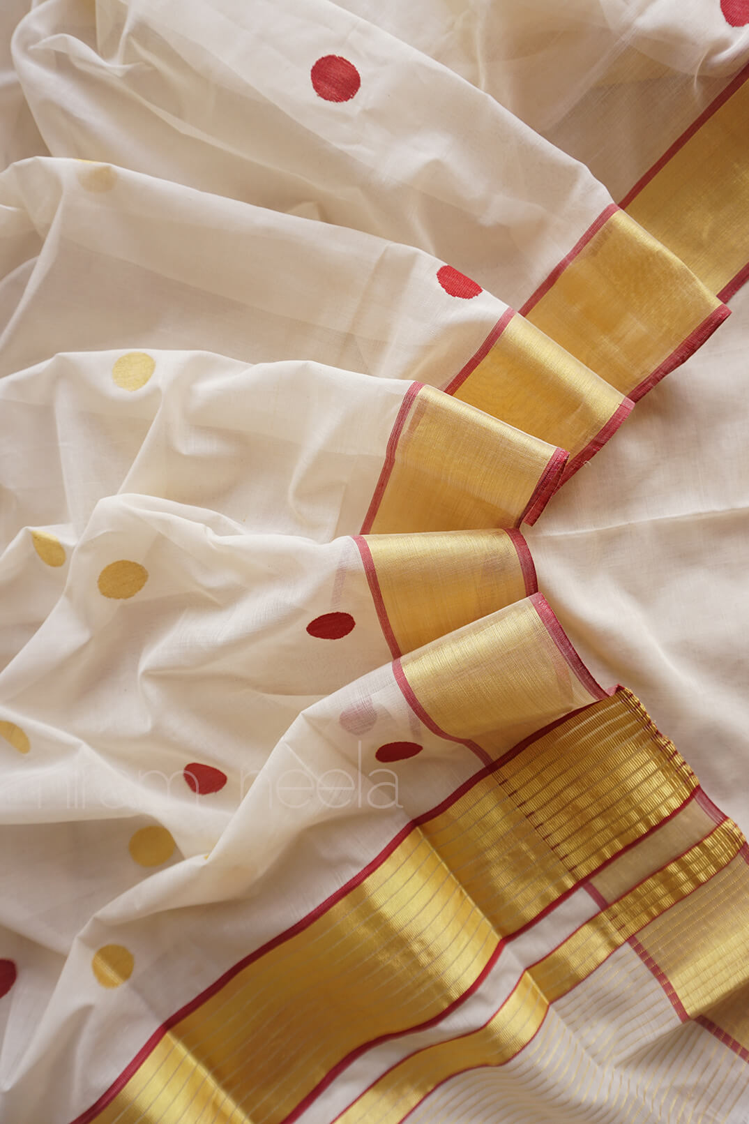 Ivory and maroon polka dot Kasavu cotton saree - Niram Neela