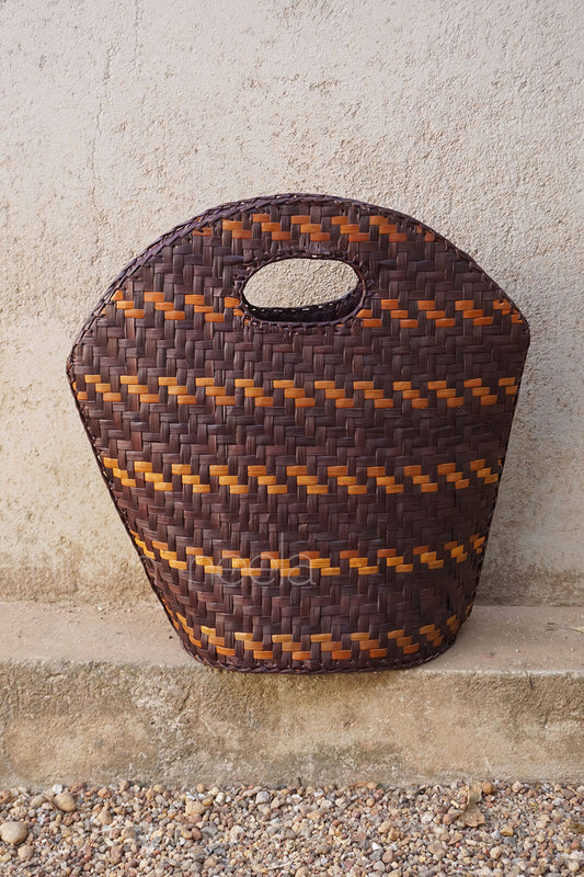 Brown and orange handmade screwpine bag - Niram Neela