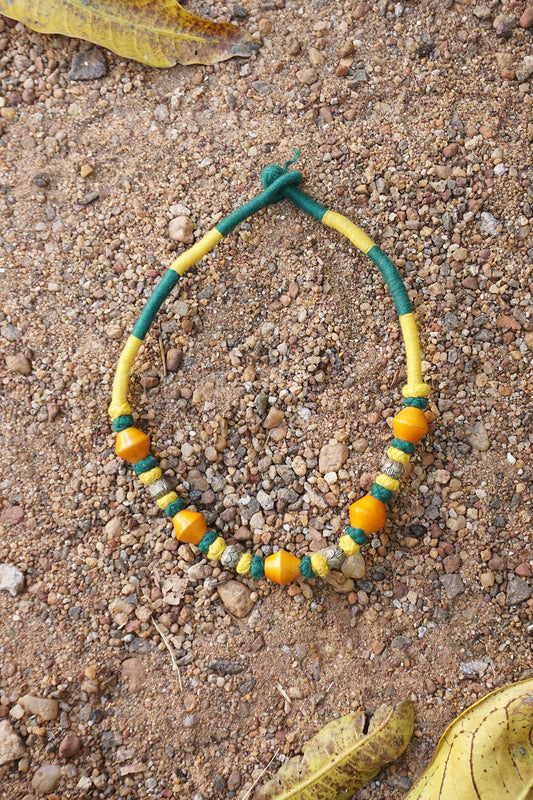 Yellow and green handmade wooden neckpiece - Niram Neela