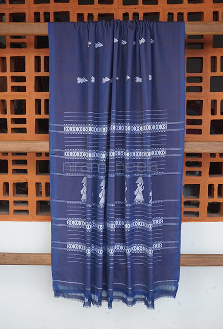 Navy blue and white Gollabhama cotton saree - Niram Neela