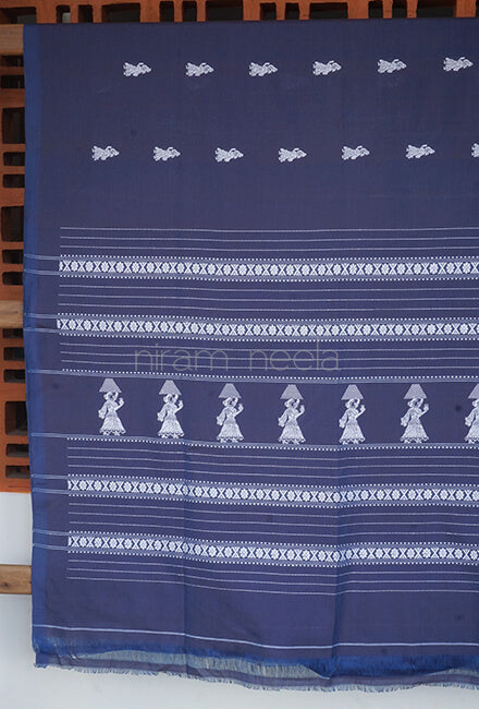 Navy blue and white Gollabhama cotton saree - Niram Neela