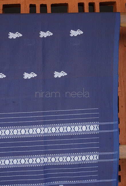 Navy blue and white Gollabhama cotton saree - Niram Neela