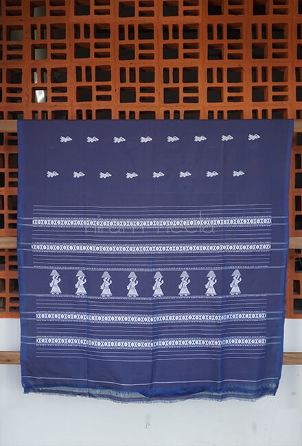 Navy blue and white Gollabhama cotton saree - Niram Neela