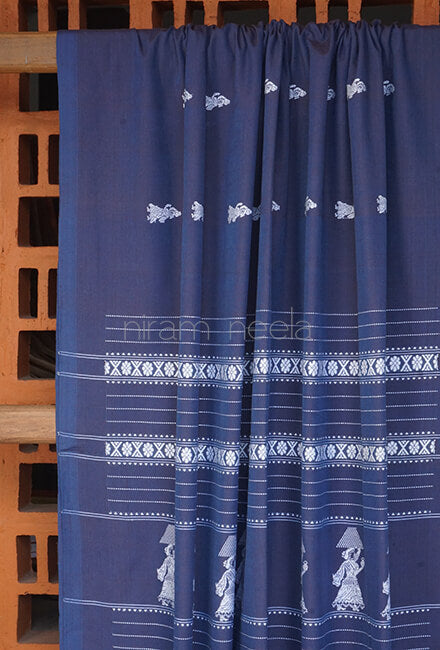 Navy blue and white Gollabhama cotton saree - Niram Neela