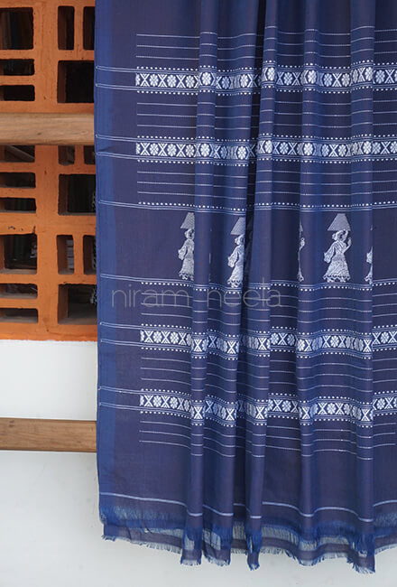 Navy blue and white Gollabhama cotton saree - Niram Neela