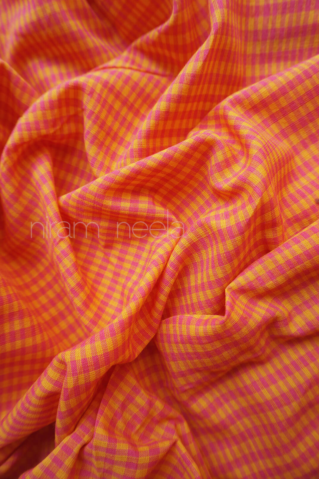 Orange check Ilkal cotton saree - Niram Neela