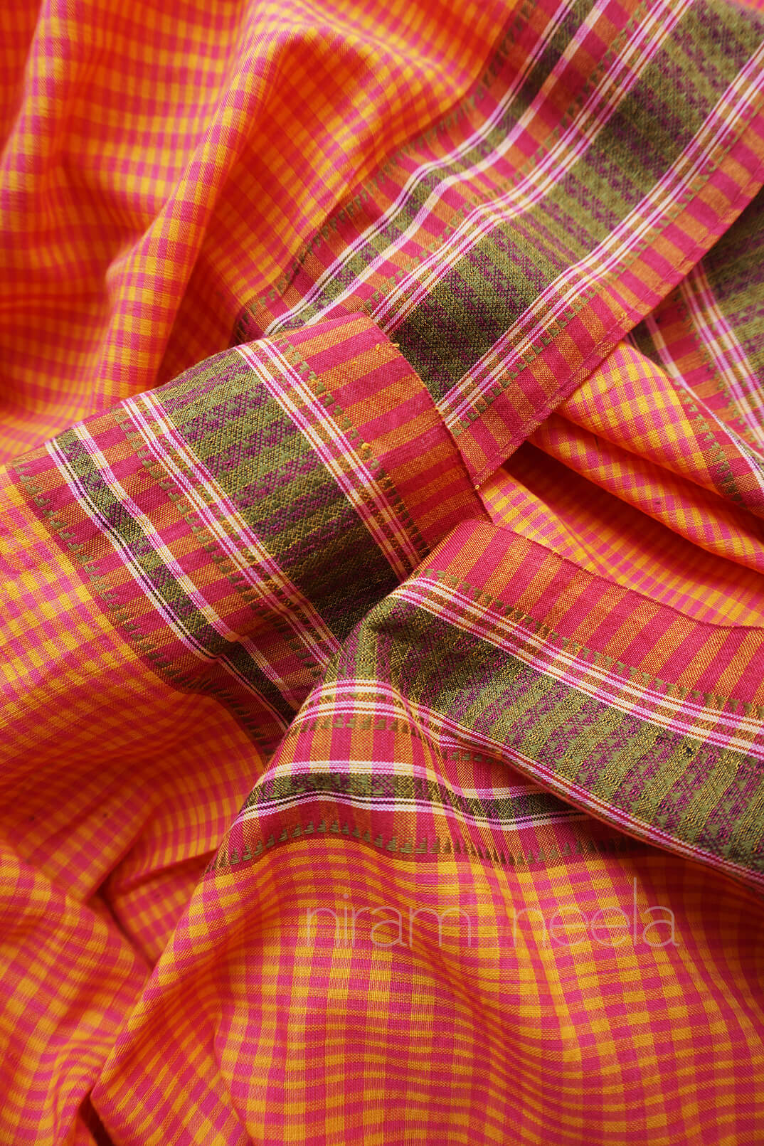 Orange check Ilkal cotton saree - Niram Neela