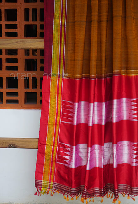 Mustard and red Ilkal silk saree - Niram Neela