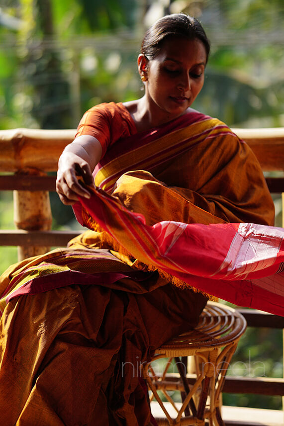 Mustard and red Ilkal silk saree - Niram Neela