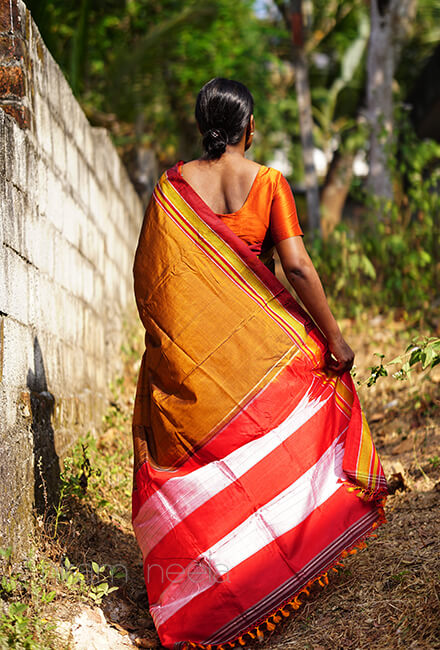 Mustard and red Ilkal silk saree - Niram Neela