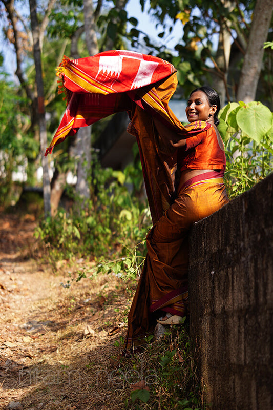 Mustard and red Ilkal silk saree - Niram Neela