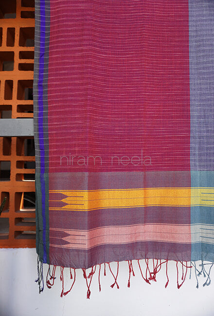 Magenta and blue Ilkal cotton stole - Niram Neela