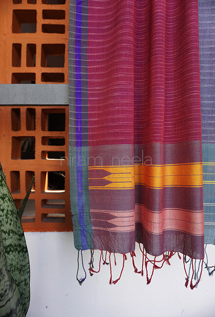 Magenta and blue Ilkal cotton stole - Niram Neela