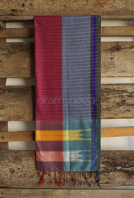 Magenta and blue Ilkal cotton stole - Niram Neela