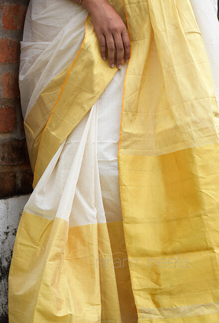 Ivory and gold wide border Kasavu cotton saree - Niram Neela