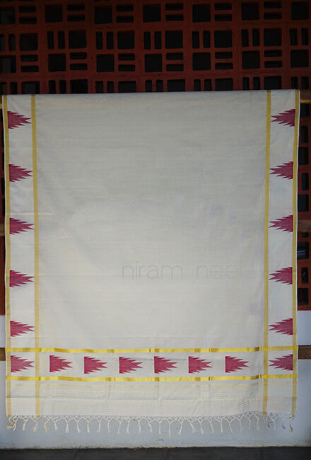 Ivory and maroon temple border Kasavu cotton saree - Niram Neela