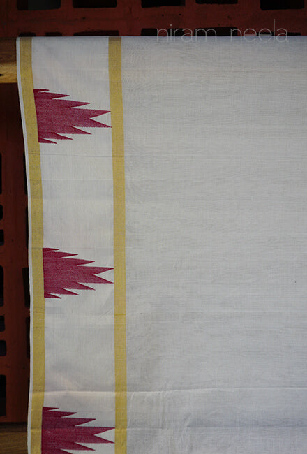 Ivory and maroon temple border Kasavu cotton saree - Niram Neela