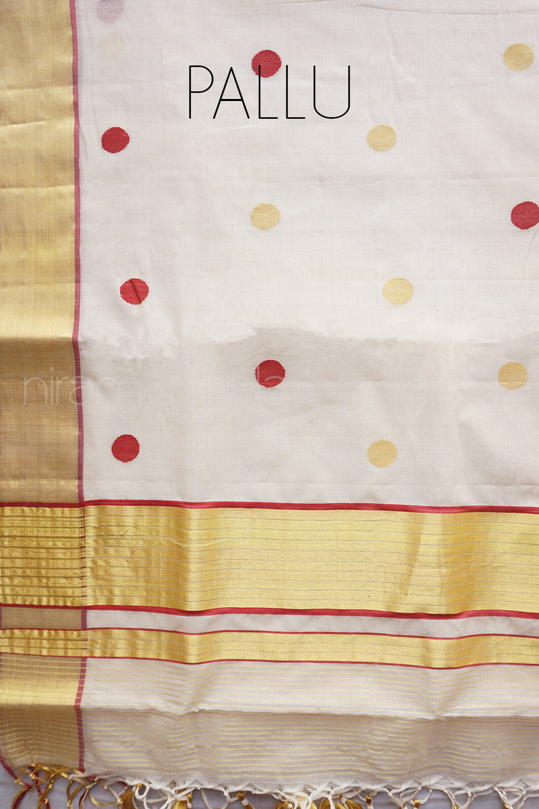 Ivory and maroon polka dot Kasavu cotton saree - Niram Neela