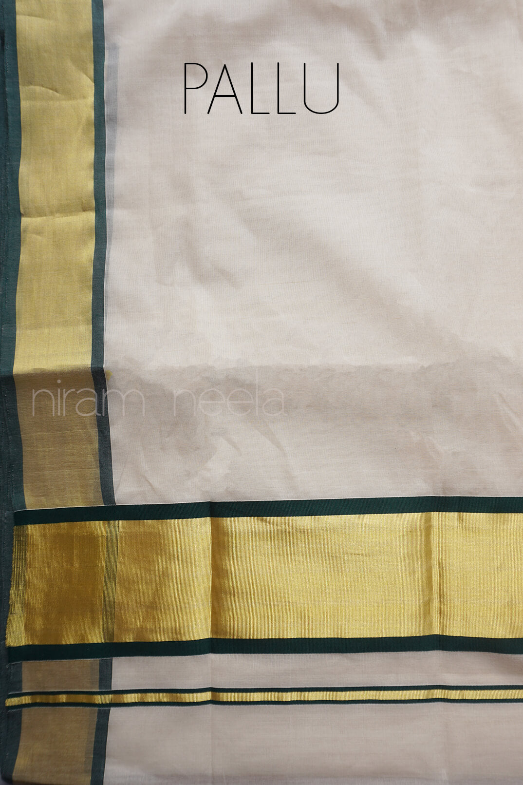 Ivory and dark green Kasavu cotton saree - Niram Neela