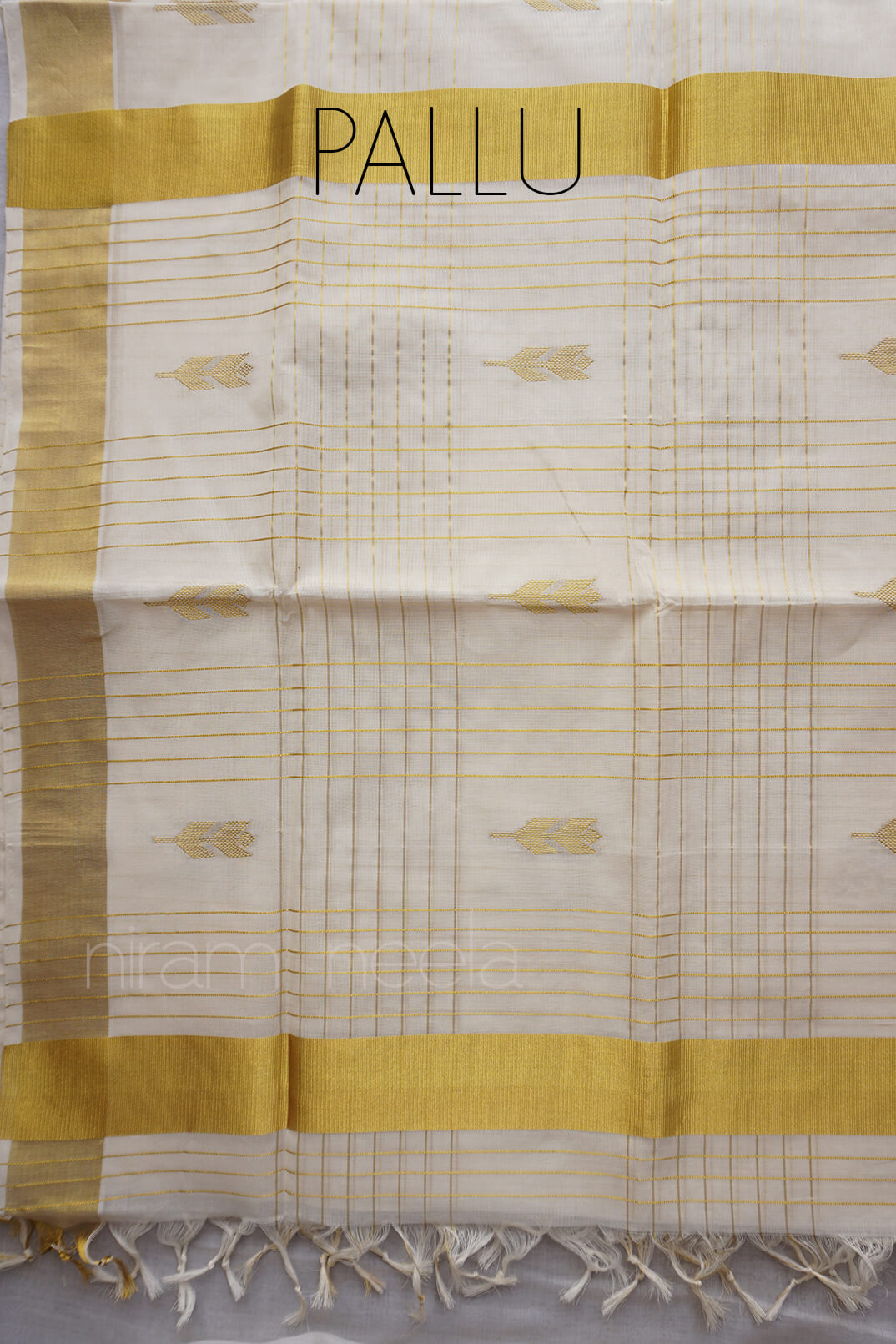 Ivory and gold large checks Kasavu cotton saree - Niram Neela