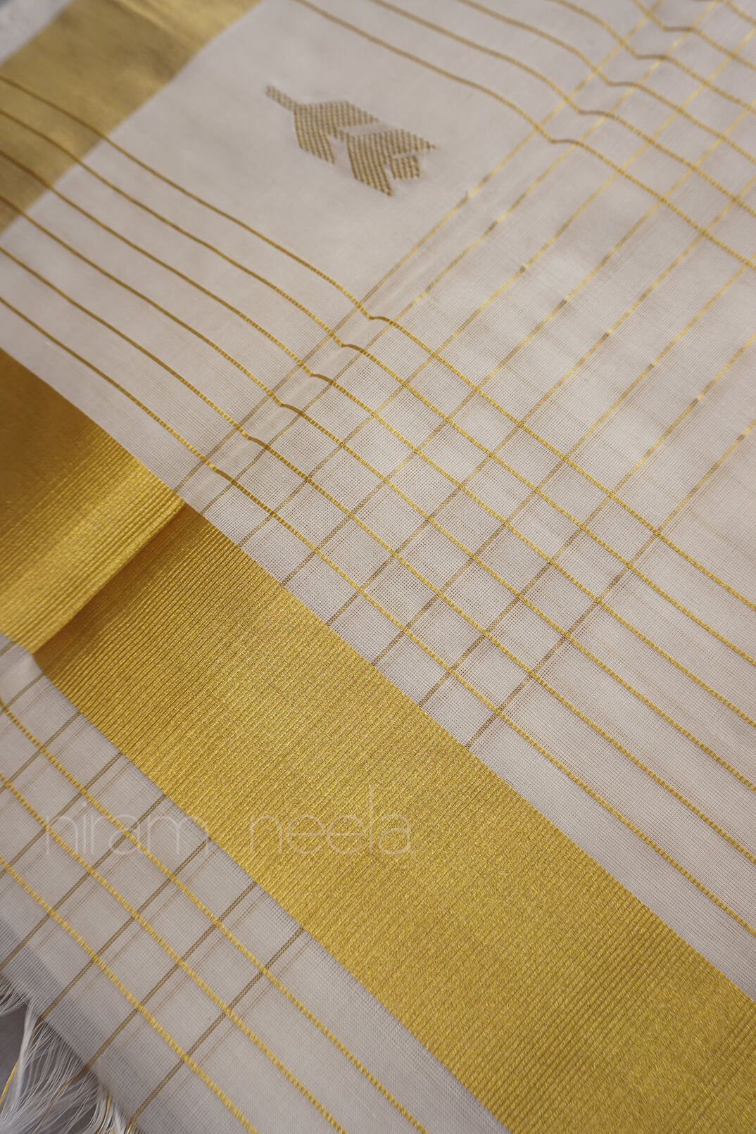 Ivory and gold large checks Kasavu cotton saree - Niram Neela