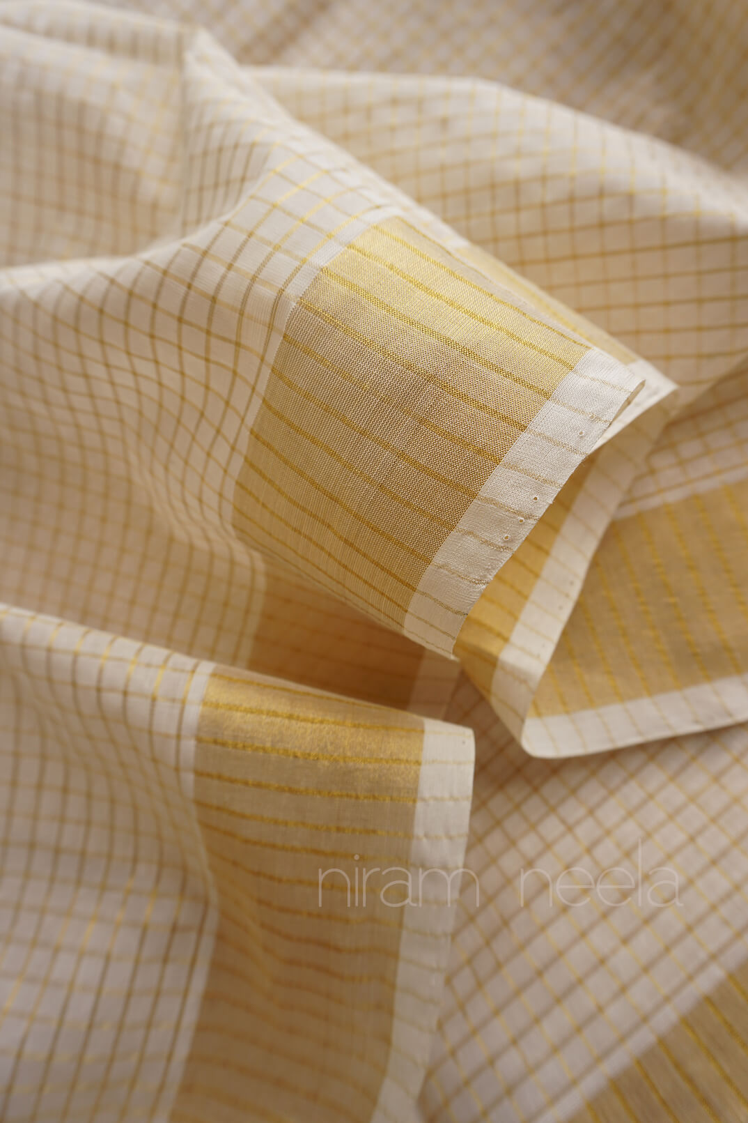 Ivory and gold microcheck Kasavu cotton saree - Niram Neela