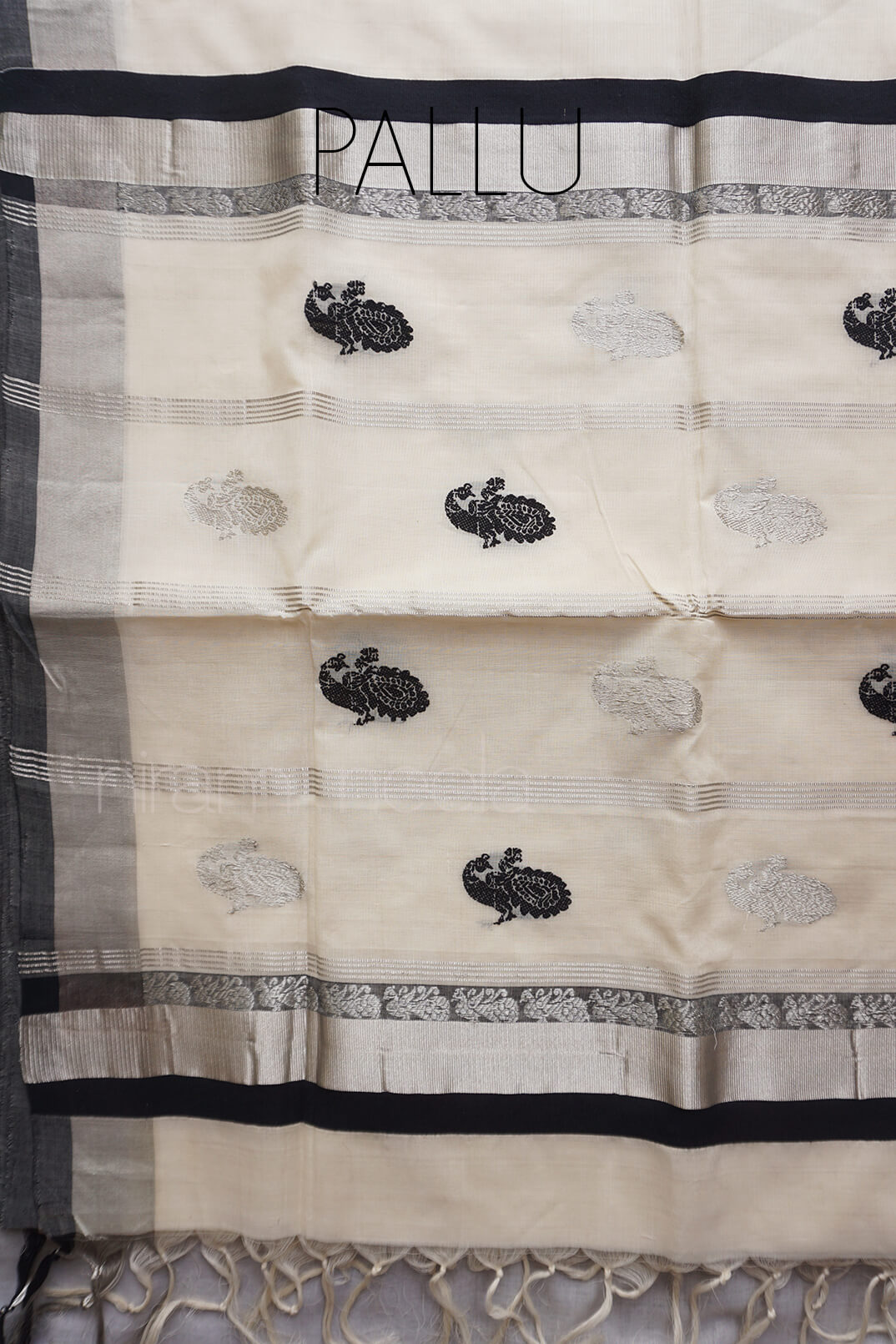 Ivory and black kasavu cotton saree - Niram Neela