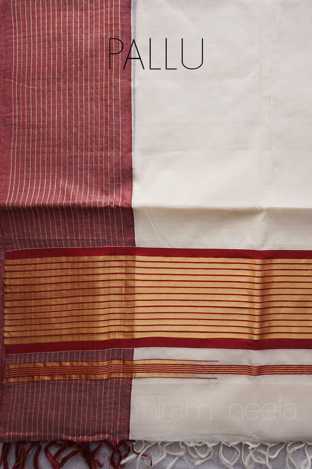 Ivory and red kasavu cotton saree - Niram Neela