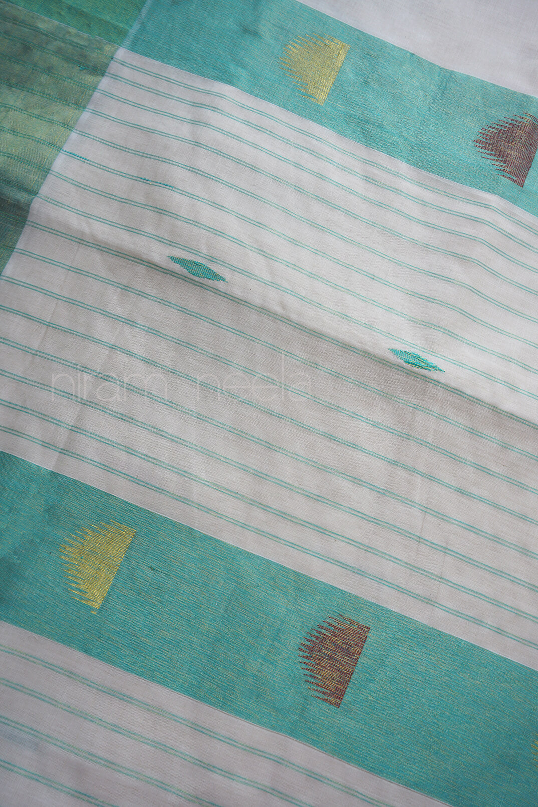 Ivory and teal green Kasavu cotton saree | Niram Neela