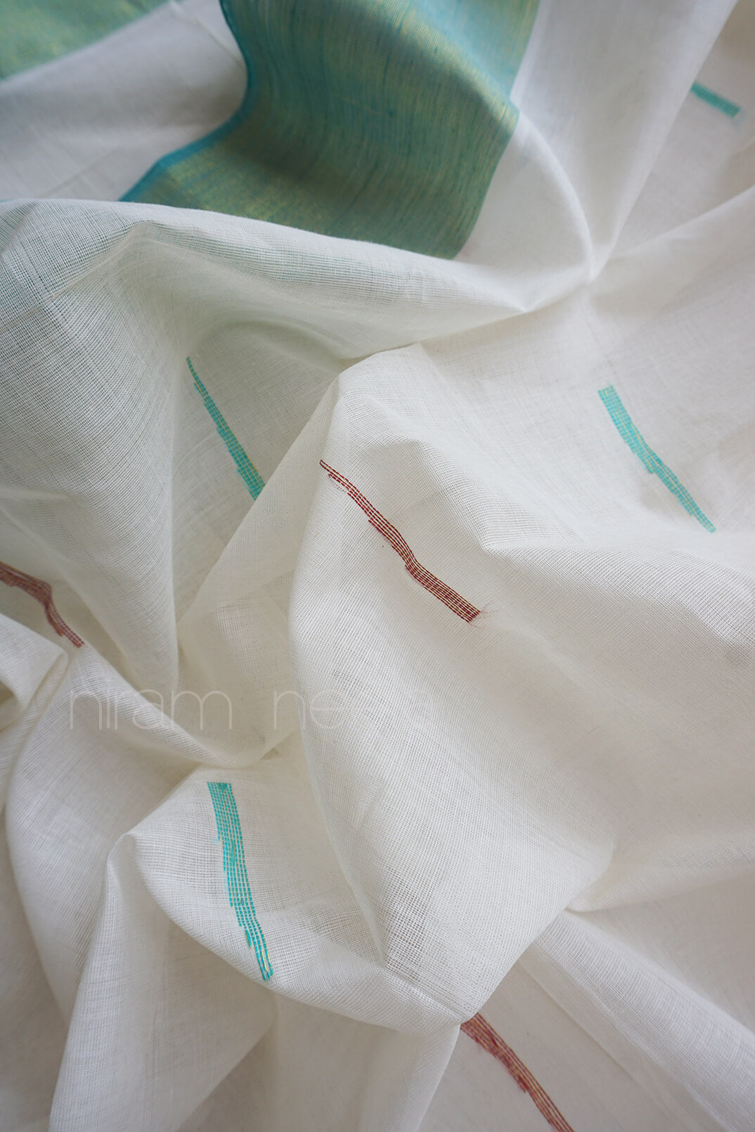 Ivory and teal green Kasavu cotton saree | Niram Neela