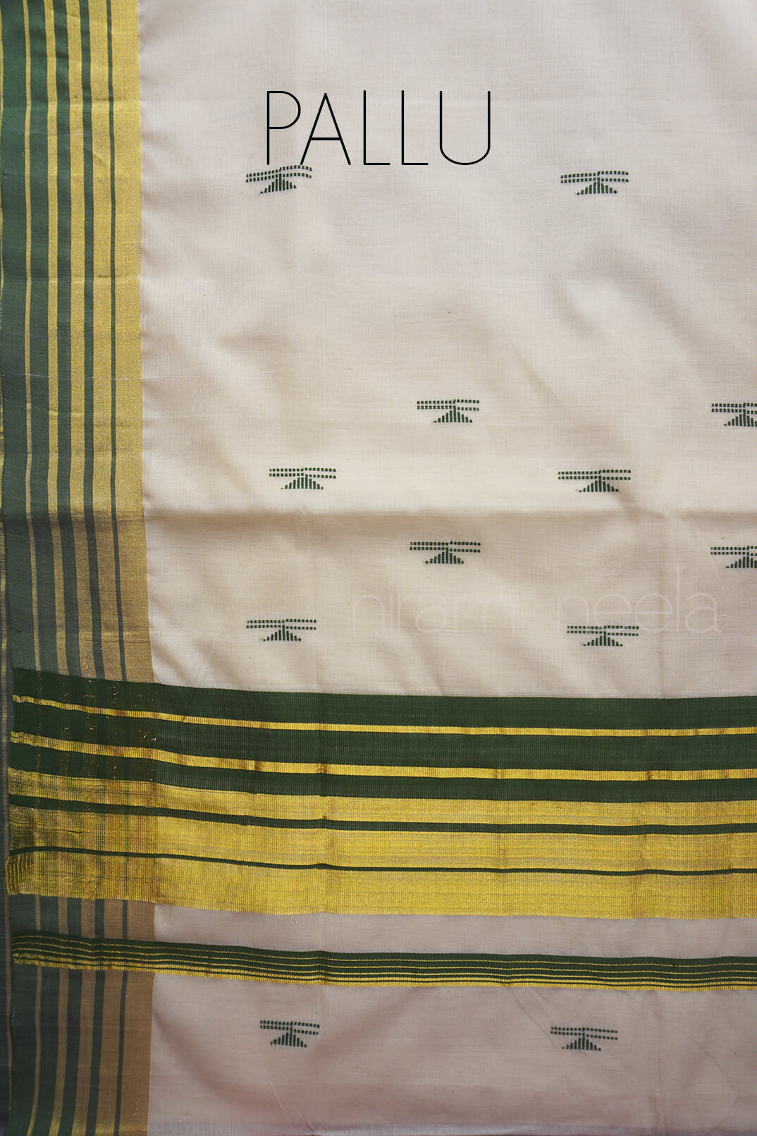 Ivory green and gold Kasavu cotton saree | Niram Neela