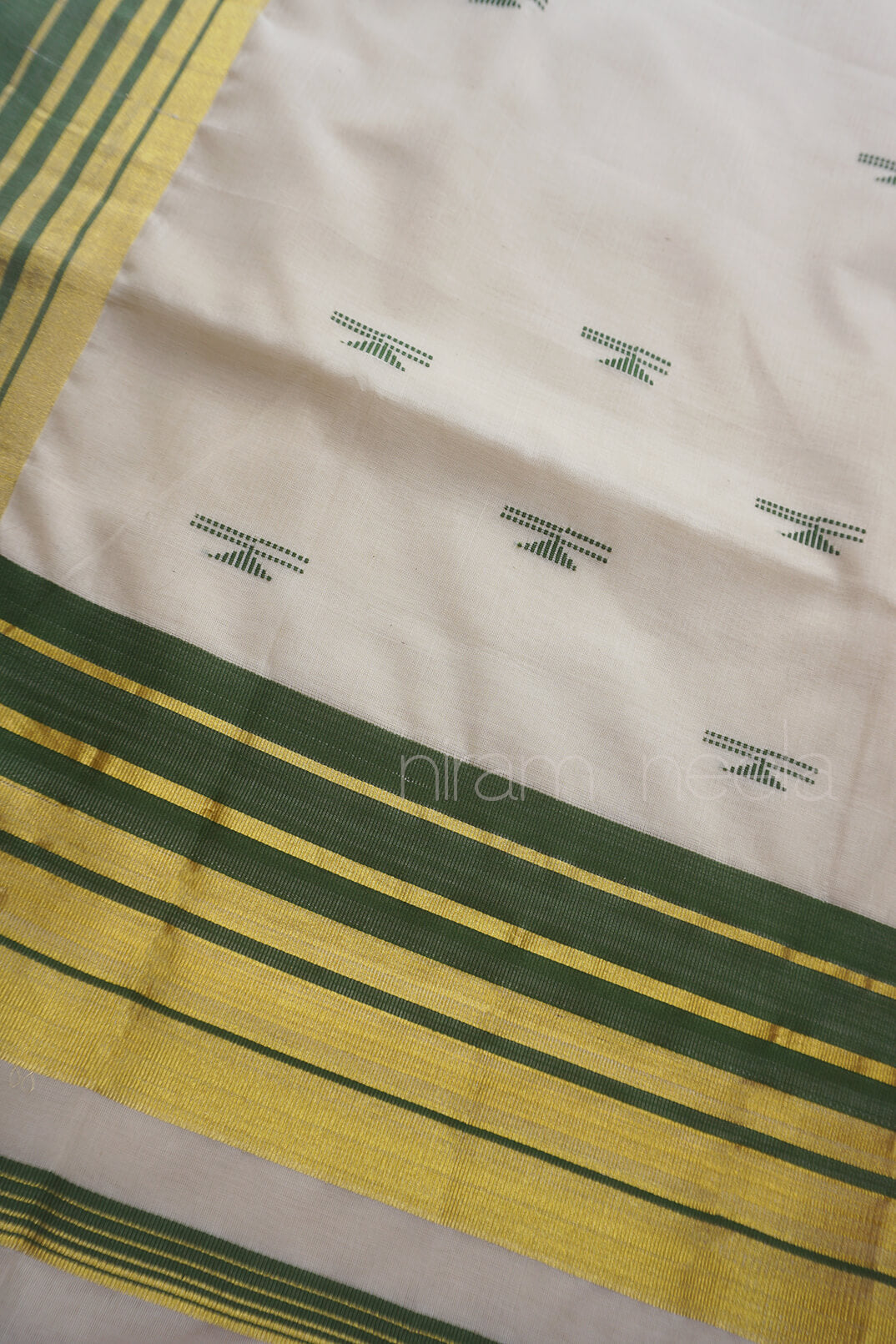 Ivory green and gold Kasavu cotton saree | Niram Neela