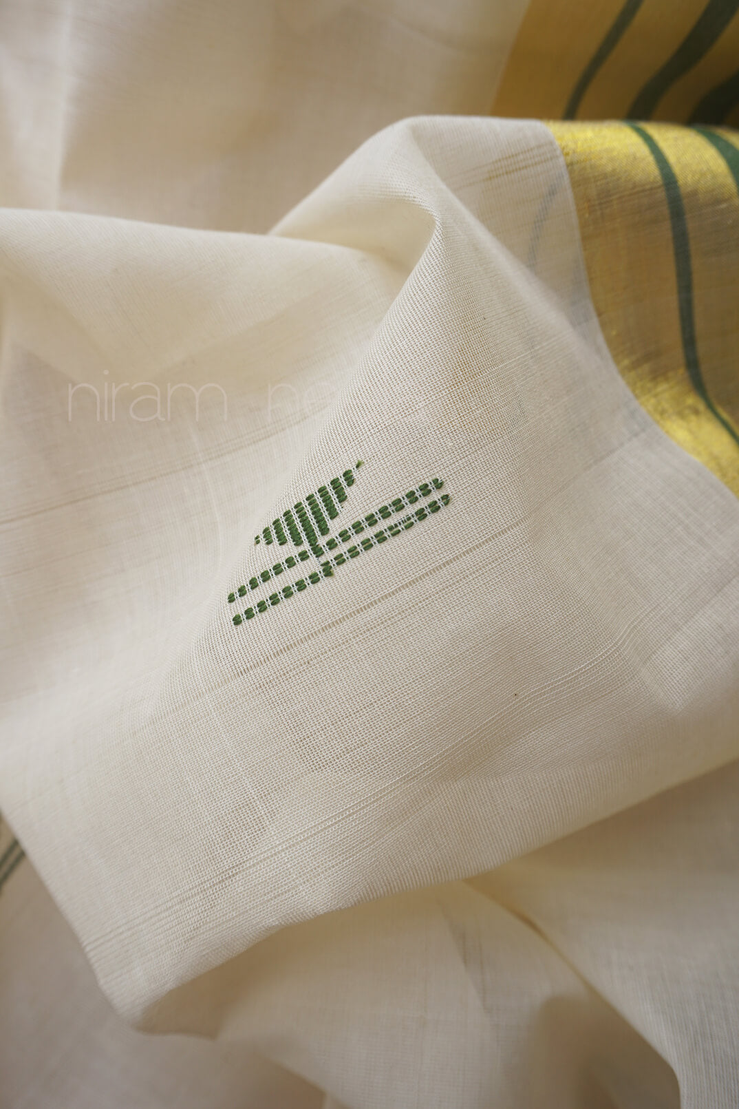 Ivory green and gold Kasavu cotton saree | Niram Neela