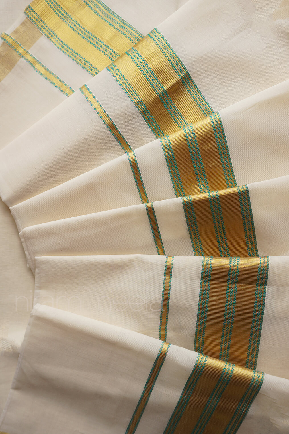 Ivory and teal Kasavu cotton saree - Niram Neela