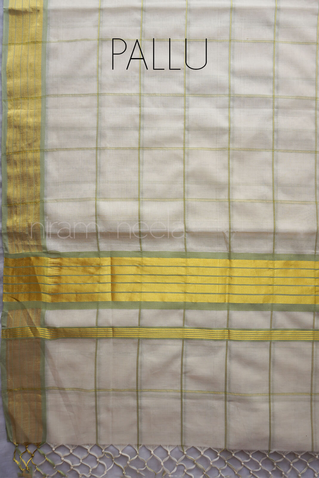 Ivory and sage green check Kasavu cotton saree | Niram Neela