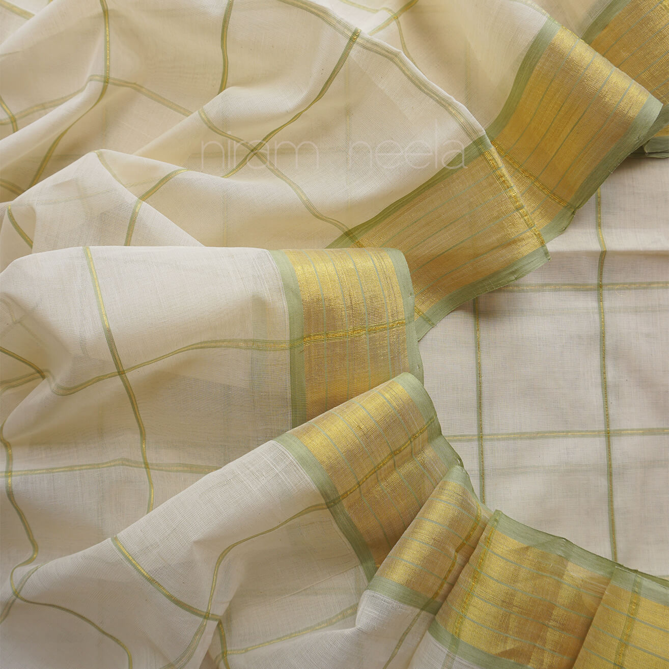 Ivory and sage green check Kasavu cotton saree | Niram Neela