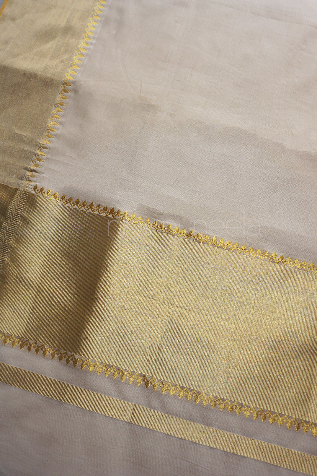 Ivory,gold and silver Kasavu cotton saree | Niram Neela