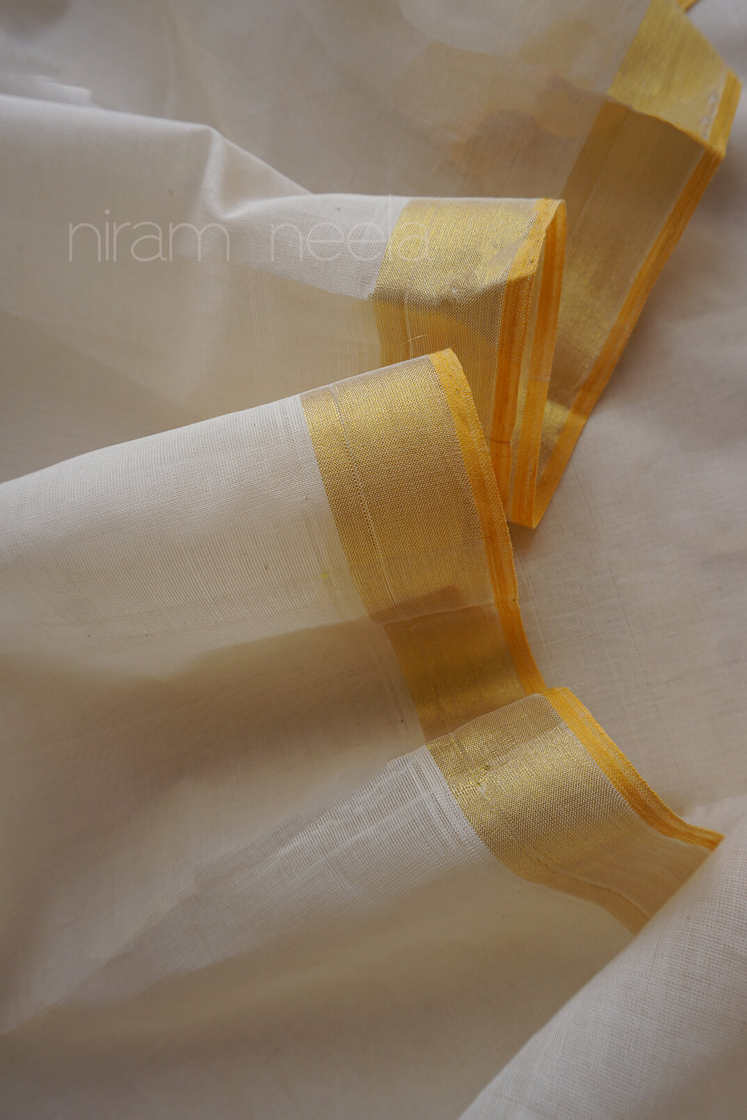 Ivory, yellow and gold Kasavu cotton saree | Niram Neela